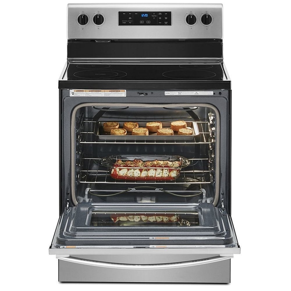 Whirlpool Electric Range, 5.3 cu. ft. Capacity, 30 inch Exterior Width, Self Clean, 4 Burners, Storage Drawer, 3,000 Watts Highest Burner Element, Stainless Steel colour