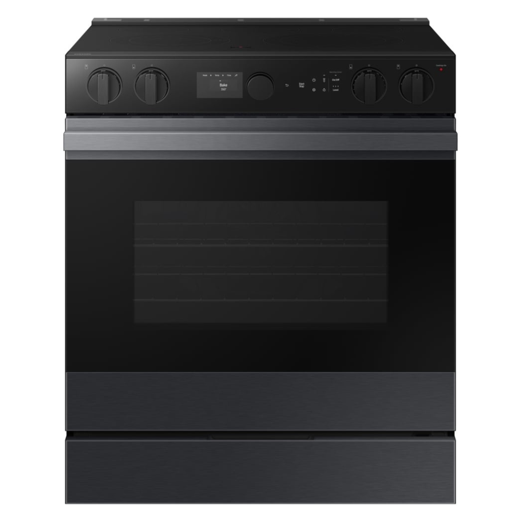 Samsung Bespoke Electric Range, 6.3 cu. ft. Capacity, 30 inch Exterior Width, True Convection, 5 Burners, Storage Drawer, & , Self Clean, 3,600 Watts Highest Burner Element, Black Matte Steel colour True European Convection, Air Sous Vide, Smart Dial