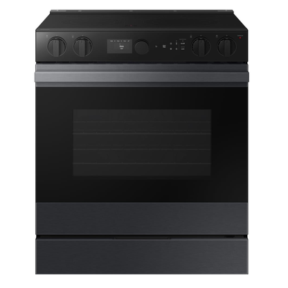 Samsung Bespoke Electric Range, 6.3 cu. ft. Capacity, 30 inch Exterior Width, True Convection, 5 Burners, Storage Drawer, & , Self Clean, 3,600 Watts Highest Burner Element, Black Matte Steel colour True European Convection, Air Sous Vide, Smart Dial