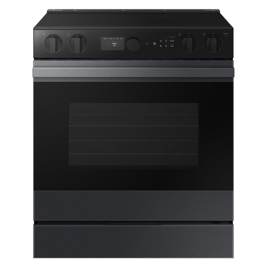 Samsung Bespoke Electric Range, 6.3 cu. ft. Capacity, 30 inch Exterior Width, True Convection, 5 Burners, Storage Drawer, & , Self Clean, 3,600 Watts Highest Burner Element, Black Matte Steel colour True European Convection, Air Sous Vide, Smart Dial